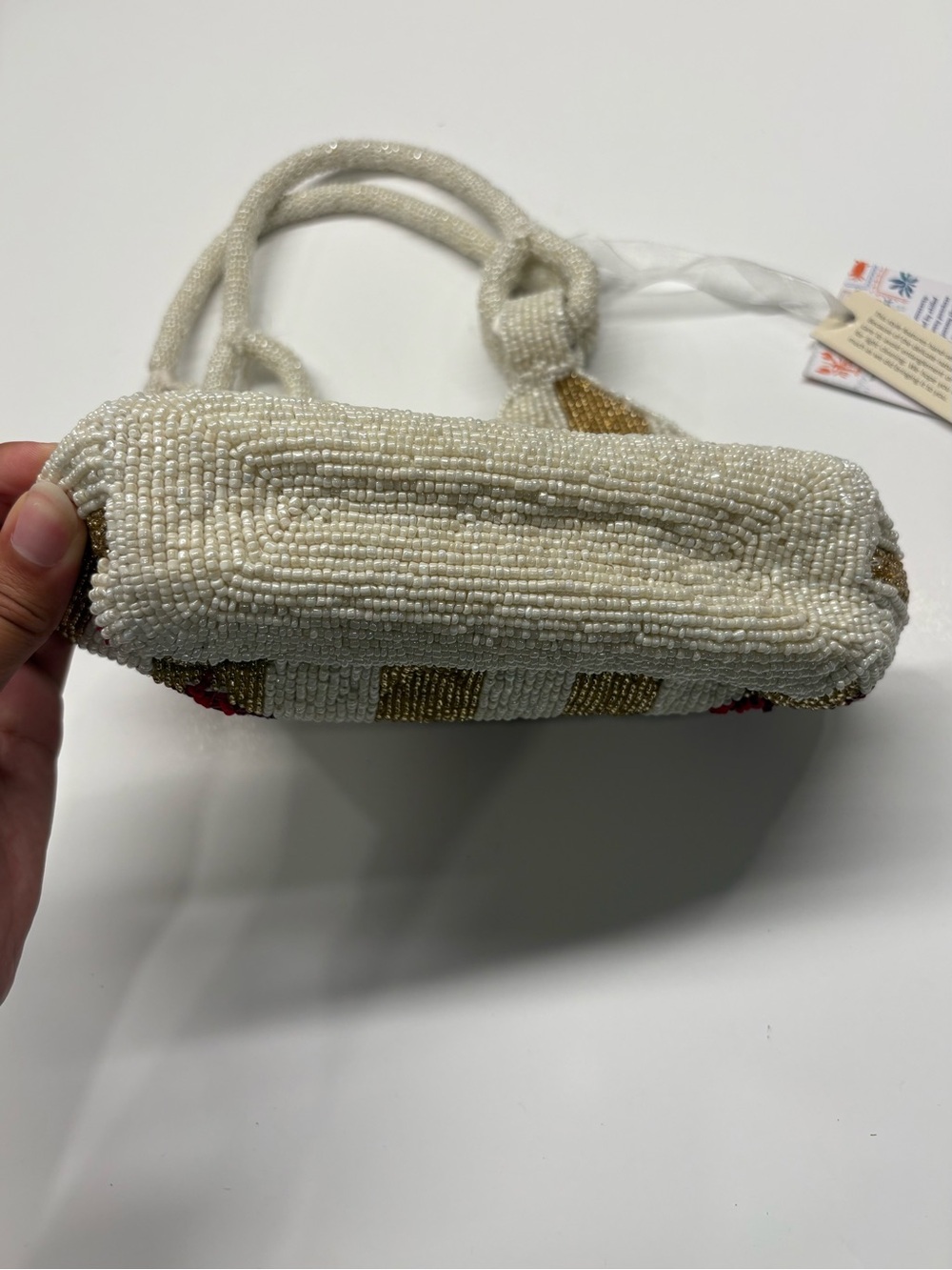 Hand-Beaded Beachy Lobster Stripe Purse in White, Gold & Red Brand New - Picture 3 of 8